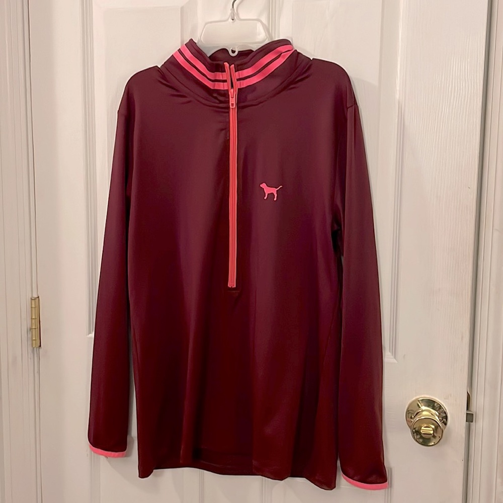 Maroon PINK Ultimate half zip pullover track shirt with pink accent, size L